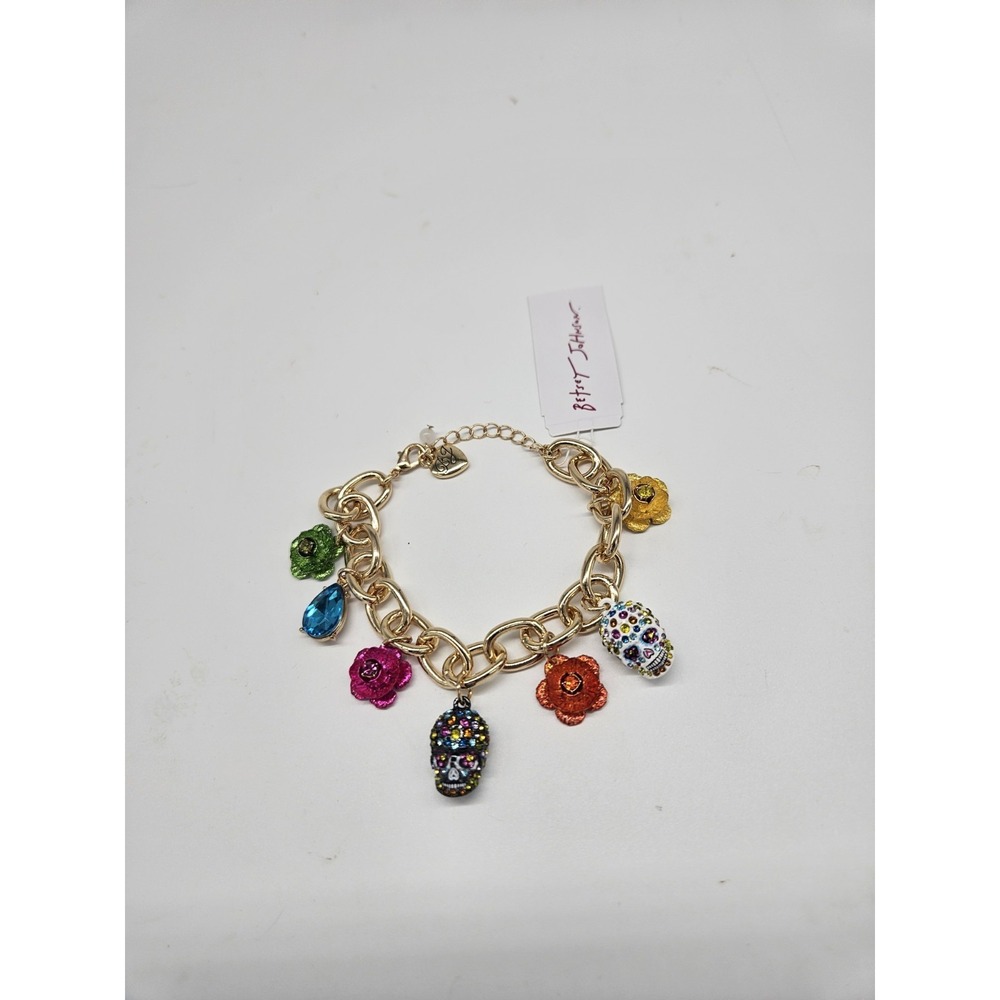 Betsey Johnson Gold Tone Flower & Sugar Skull Charm Bracelet‎ Crystal Halloween